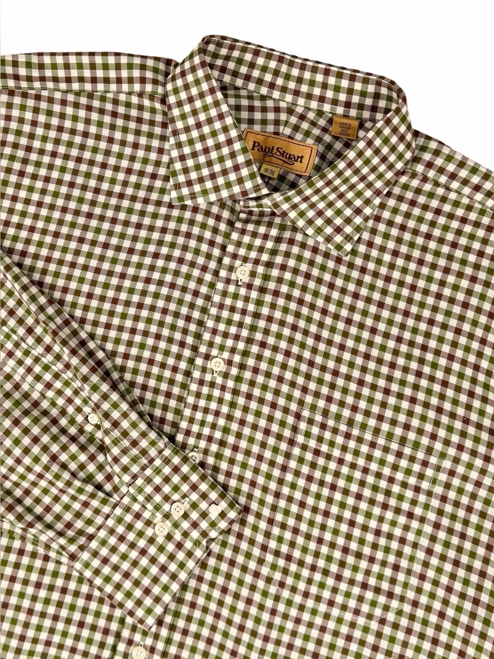 Paul Stuart Men's 18/35 Dress Shirt Brown Green Gingham Check Cotton Made Canada